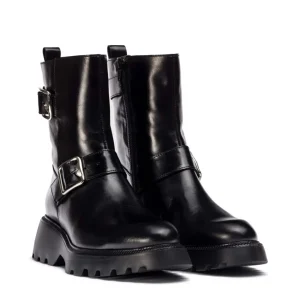 Botín biker doble hebilla piel negro | WONDERS Discount